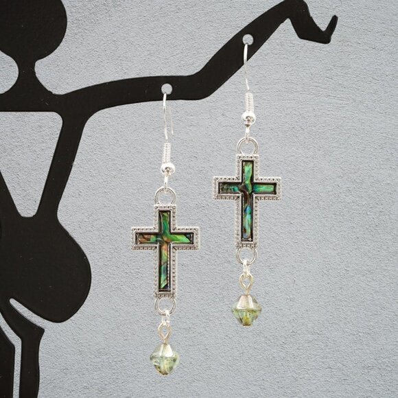 Abalone Cross Drop Earrings Silver Green | Handmade - Picture 6 of 6